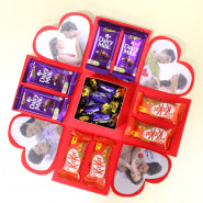 Personalized Explosion Choco Box - 4 Dairy Milk, 4 Kit Kat, Choclairs Gold 10 Pcs, 4 Photo and Explosion Box