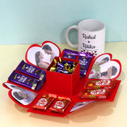 Romantic Explosion Box - Personalized White Mug, 4 Dairy Milk, 4 Kit Kat, Choclairs Gold 10 Pcs, 4 Photo and Explosion Box