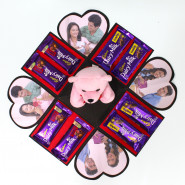 Delicious Explosion Box - 4 Dairy Milk Fruit n Nut, 4 Dairy Milk Crackle, Teddy 6 inch, 4 Photo and Explosion Box