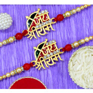 Set of 2 Rakhis - Sacred Jai Shree RAM Rakhi with Diamond and Pearl
