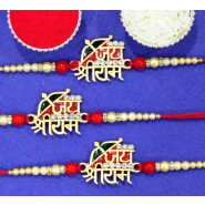 Set of 3 Rakhis - Sacred Jai Shree RAM Rakhi with Diamond and Pearl