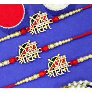 Set of 3 Rakhis - Sacred Jai Shree RAM Rakhi with Diamond and Pearl