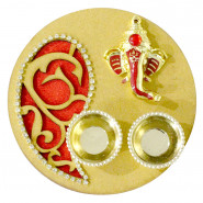 Soan Papdi Thali - Soan Papdi, Artistic Ganesha Thali with Golden Base with 2 Rakhi and Roli-Chawal