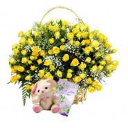 For Someone Special - 100 Yellow Roses Basket + Teddy 6" + Card