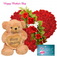 Lovable Combo - 50 Red Roses Heart Shape Arrangement, Teddy with Heart 10" and Card