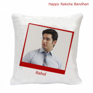 Tender Hamper - Happy Rakshabandhan Personalized Cushion, 2 Temptation 72 gms with 2 Rakhi and Roli-Chawal