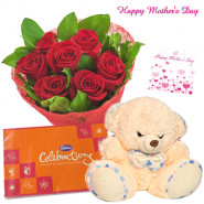 Loving Mother - Bunch of 12 Red Roses, Cadbury Celebration 162 gms, Teddy Bear 6" and Card