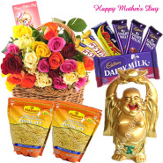 Luck for Mom - 15 Mix Roses Basket, Cadbury Hamper, Laughing Budha, 2 Haldiram Namkeen and Card