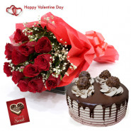 Magnificent Treat - 10 Red Roses, Ferrero Rocher Cake 1/2 Kg & Valentine Greeting Card
