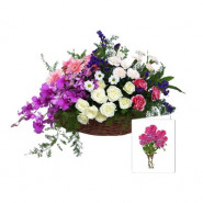 Mixed Flowers Basket - 12 Roses, 12 Mix Carnations & 2 Orchids Basket + Card
