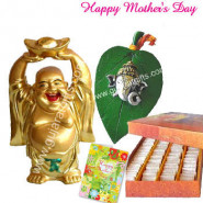 All for You - Laughing Budhha, Ganesha on leaf, Kesar Kaju Katli 250 gms and Card