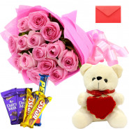 Bunny For U - Bunch of 15 Pink Roses, 5 Assorted Cadbury Chocolates, Teddy 8" and Card