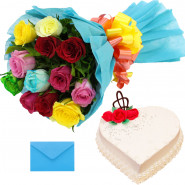 Rose Bunch N Cake - Bunch of 20 Mix Roses, Vanilla Heart Cake 1 kg and Card