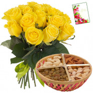 Mothers Day Magic - 10 Yellow Roses, 400gm Assorted Dryfruits Basket and Card