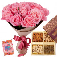 For Lovely Mom - Bunch of 15 Pink Roses, 200 Gms Assorted Dryfruits Box and Card