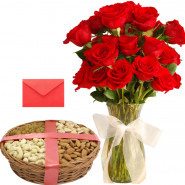 Dryfruits Treat - 12 Red Roses in Vase, Basket of 400gm Dryfruits and Card