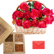 Gift for Mom - 15 Red & Pink Roses Basket, 200 Gms Assorted Dry Fruits Box and Card