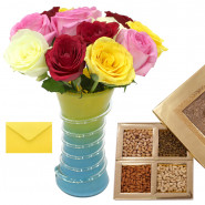 U R Special - 15 Mix Roses in Vase, 200 Gms Assorted Dryfruits Box and Card