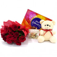 Choco with Teddy - Bunch of 15 Red Roses, Celebration, Teddy with Heart 6" and Card