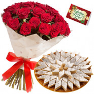 Sweet Love - 12 Red roses with 500gm Kaju katli and Card