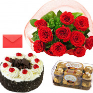 Miss You - 12 Red Roses + Ferrero Rocher 16 pcs + 1/2kg Cake + Card