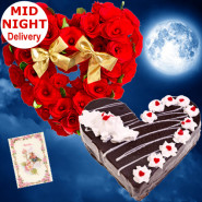 Warm Wishes - 50 Red Roses Heart Shaped Arrangement, 1 Kg Black Forest Cake Heart Shape + Card