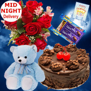 Fun for All - 10 Red Roses Bunch, 5 Assorted Bars, Chocolate Cake 1/2 Kg, Teddy 6 inch + Card