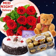 Splendid Love - 12 Red Roses + 1/2kg Cake + Ferrero Rocher 16 pcs + Teddy + Card