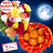 Multi Moti Laddoo - 10 Multi Color Roses Bunch, Motichoor Ladoos 500 gms & Card