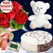 Three Times Joy - 8 Red Roses Bunch, Teddy 6 inch, 1/2 Kg Blackforest Cake + Card