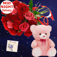 Red N Pink Bear - 12 Red & Pink Roses Bunch, Teddy 6 inch + Card