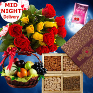 Fruits & Dryfruits - 12 Red & Yellow Roses Bouquet, 2 Kg Mix Fruits in Basket, 200 gms Assorted Dryfruits & Card