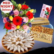 Outstanding Gifts - Bouquet 12 Mix Flowers + Assorted Dry Fruits Box 200 Gms + Katli Sweet Box 250 Gms + Card