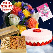 Lovely Present - 15 Multi Colour Roses + Assorted Dryfruits Box 200 Gms + 1/2 Kg Strawberry Cake + Card