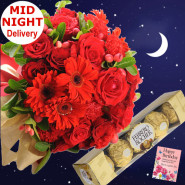 Exotic Combination - 12 Red Roses & 6 Gerberas in Basket + Ferrero Rocher 4 pcs + Card