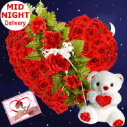 Heart Roses & Teddy - Heart Shaped Arrangement 50 Red Roses + Teddy 8' + Card