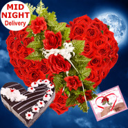 Heart Roses & Cake - Heart Shaped Arrangement 50 Red Roses + Black Forest Cake 1 kg + Card