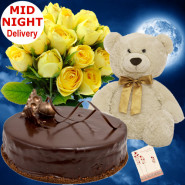 Cute Gift - Bunch 12 Yellow Roses + 1/2 kg Chocolate Cake + Teddy 6 inch + Card