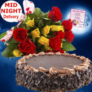 Beauteous Gifts - 15 Yellow and Red Roses Bunch, 1/2 Kg Chocolate Cake + Card