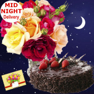 Warmth of Joy - 10 Mixed Roses in Vase, 1/2 Kg Chocolate Cake + Card