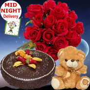 Ease of Gift - 20 Red Roses Bunch, 1/2 Kg Chocolate Cake, Teddy Bear 6 inch + Card