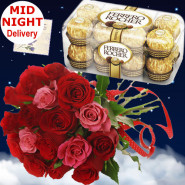 Flavor of Love - 15 Red & Pink Roses Bouquets, Ferrero Rocher 16 Pcs + Card