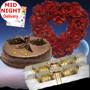 Heart of Chocolate - 50 Red Roses Heart Shaped Arrangement, 2 Ferrero Rocher 4 Pcs, Chocolate Cake 1/2 Kg + Card