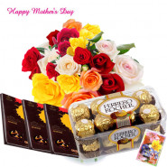 Flowers in Vase - 20 Mix Roses in Vase, Ferrero Rocher 16 pcs, 3 Bournville 30 gms each and Card