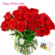 Red Roses Vase - 10 Artificial Red Roses + Mother's Day Greeting Card