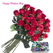 Red Bunch 25 Artificial Red Roses + Mother's Day Greeting Card