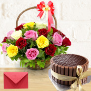 Eye-Popping Delight - 12 Mix Roses, Kitkat Chocolate Cake 1/2 Kg and Card
