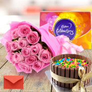 Appetizing Choice - 12 Pink Roses, Kitkat Gems Cake 1/2 Kg, Cadbury Celebrations and Card