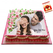 Square Shaped Strawberry Photo Cake 1 Kg & Valentine Greeting Card