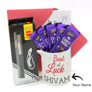 All the Best - Personalized Mug, Cello Pen, 5 Dairy Milk and Card